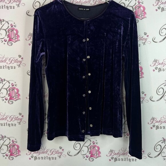 Esprit cardigan buttons velour soft shiny Dark Purple Velvet Button-Down Shirt - Picture 1 of 7